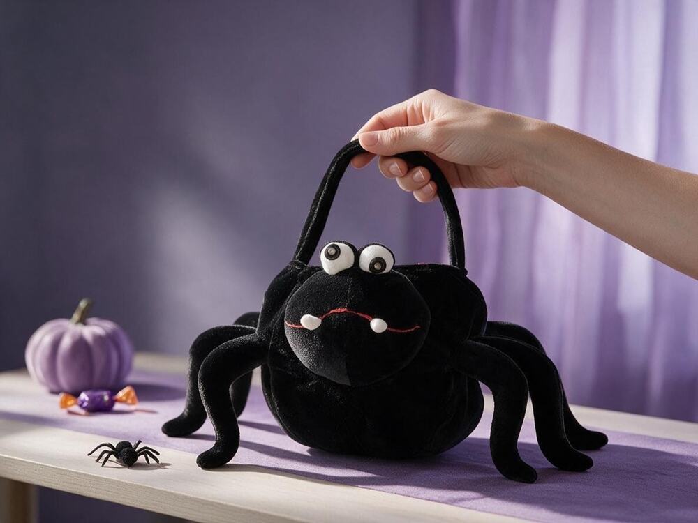 Ganz Plush Black Spider Halloween Candy Basket Lights Up & Makes Sounds HW8384